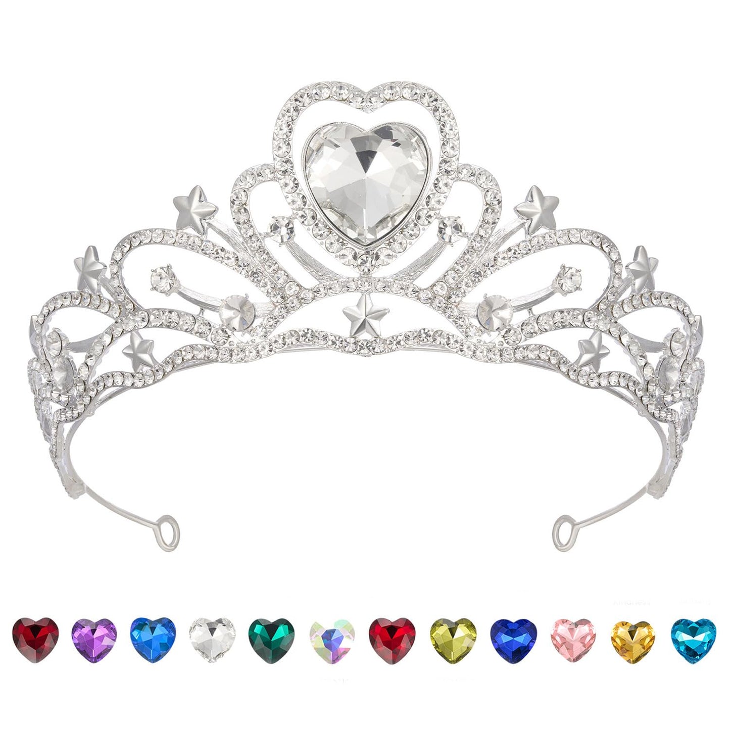 SWEETV Birthday Crowns for Women Girls Birthstone Heart Princess Tiara Silver Wedding Headpiece for Birth Day Party Photograph, Apr