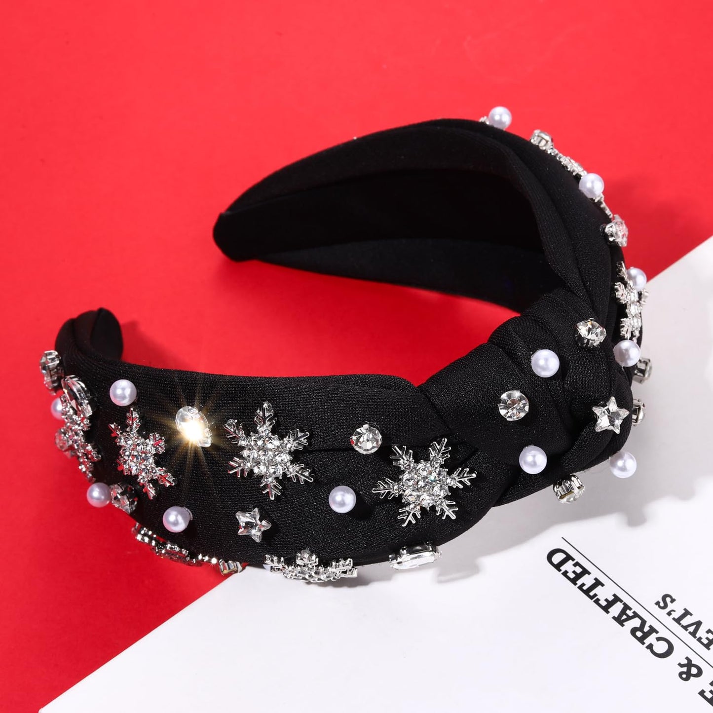 Christmas Headband for Women Jeweled Xmas Plaid Headband Embellished Crystal Pearl Knotted Headbands Wide Top Knot Holiday Headband Christmas Hair Accessories Holiday Outfits Gifts (Snowflake Black 2)