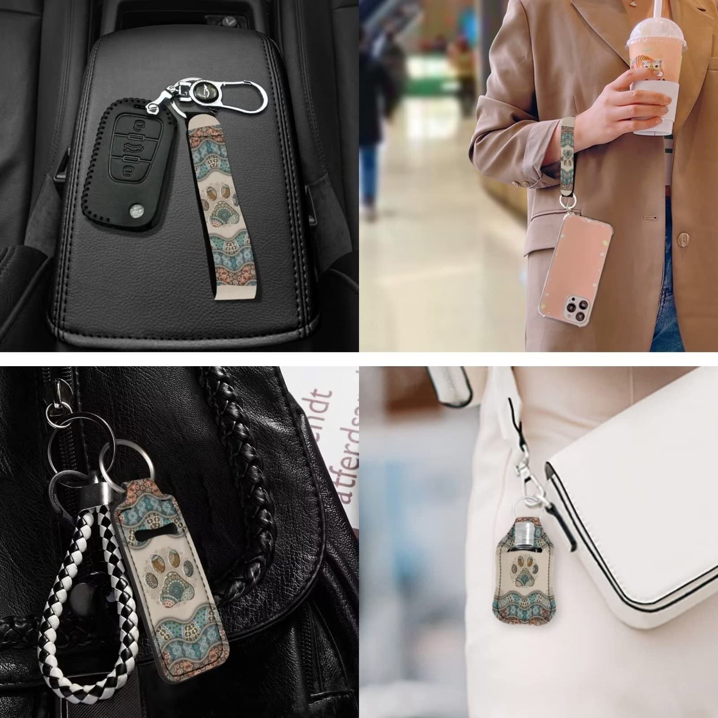 Suobstales 3pcs Travel Bottle Keychain Holders Set Chapstick Holder, Boho Paw Print Keychain Wristlet Lanyards Portable Mini Waist Bag for Liquid Storage