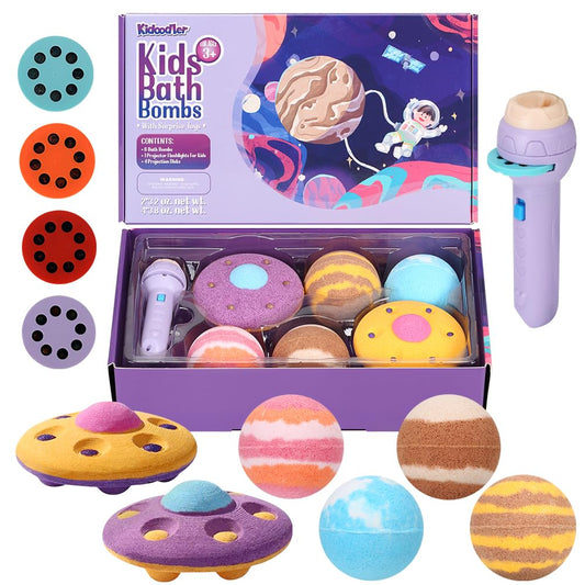 Galaxy Bath Bombs for Kids with Surprise Inside, 6 Organic Bath Bombs with 4 Educational Projection Disks & 1 Projector Flashlight, Gentle and Kids Friendly Bubble Bath Fizzy for Birthday, Christmas