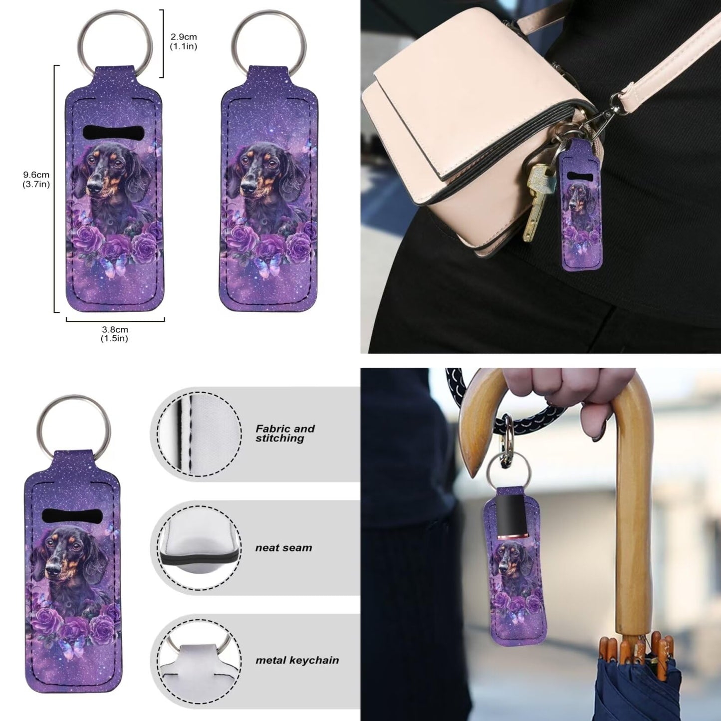 Suobstales Galaxy Dachshund Flower Print Travel Keychain Holders Kits, Travel Bottle Chapstick Lanyard Keychain Holders Set Neoprene Balm Holders Pouch Makeup Storage Organizer, Set of 3