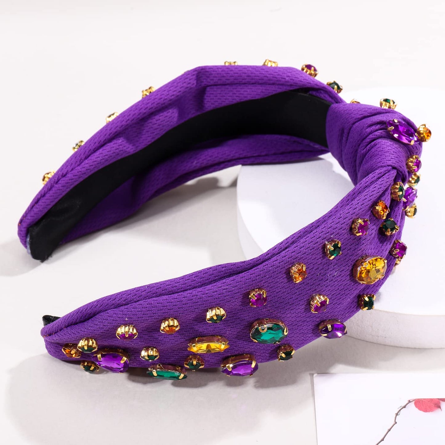 CENAPOG Rhinestone Knotted Mardi Gras Headband for Women Sparkly Crystal Embellished Hairbands Twist Turban Headband Elastic Wide Velvet Hair Hoop Party Holiday Headwear for Girls (Mardi gras colors)