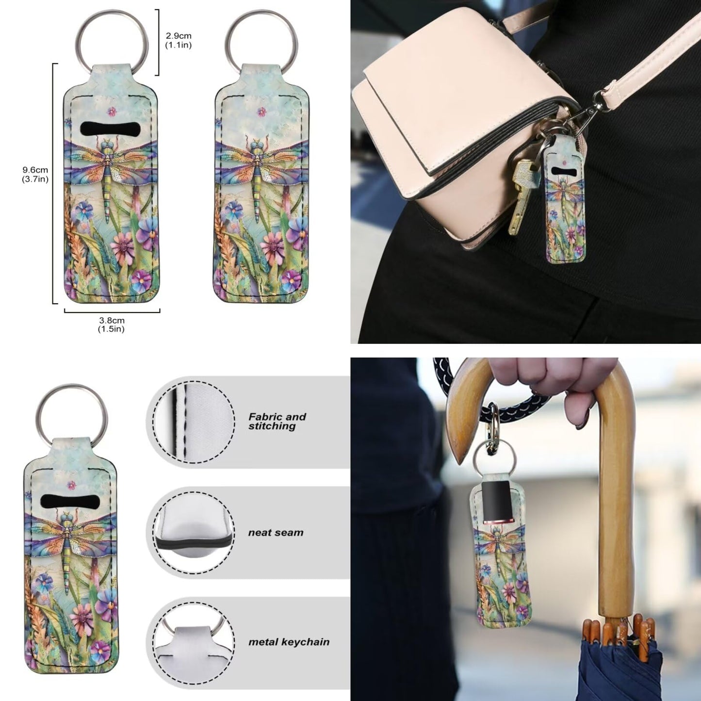 Suobstales Dragonfly Floral Print Chapstick Holder 1 Keychain Wristlet Lanyards 1 Mini Bottle Keychain Holder, Neoprene Travel Bottle Keychain Holders Set of 3