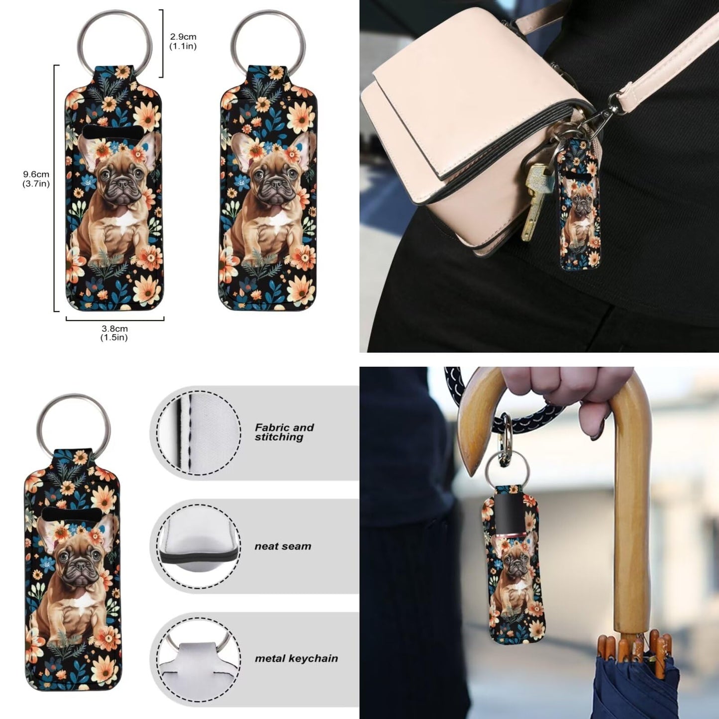 Suobstales French Bulldog Floral Print Chapstick Holder 1 Keychain Wristlet Lanyards 1 Mini Bottle Keychain Holder, Neoprene Travel Bottle Keychain Holders Set of 3