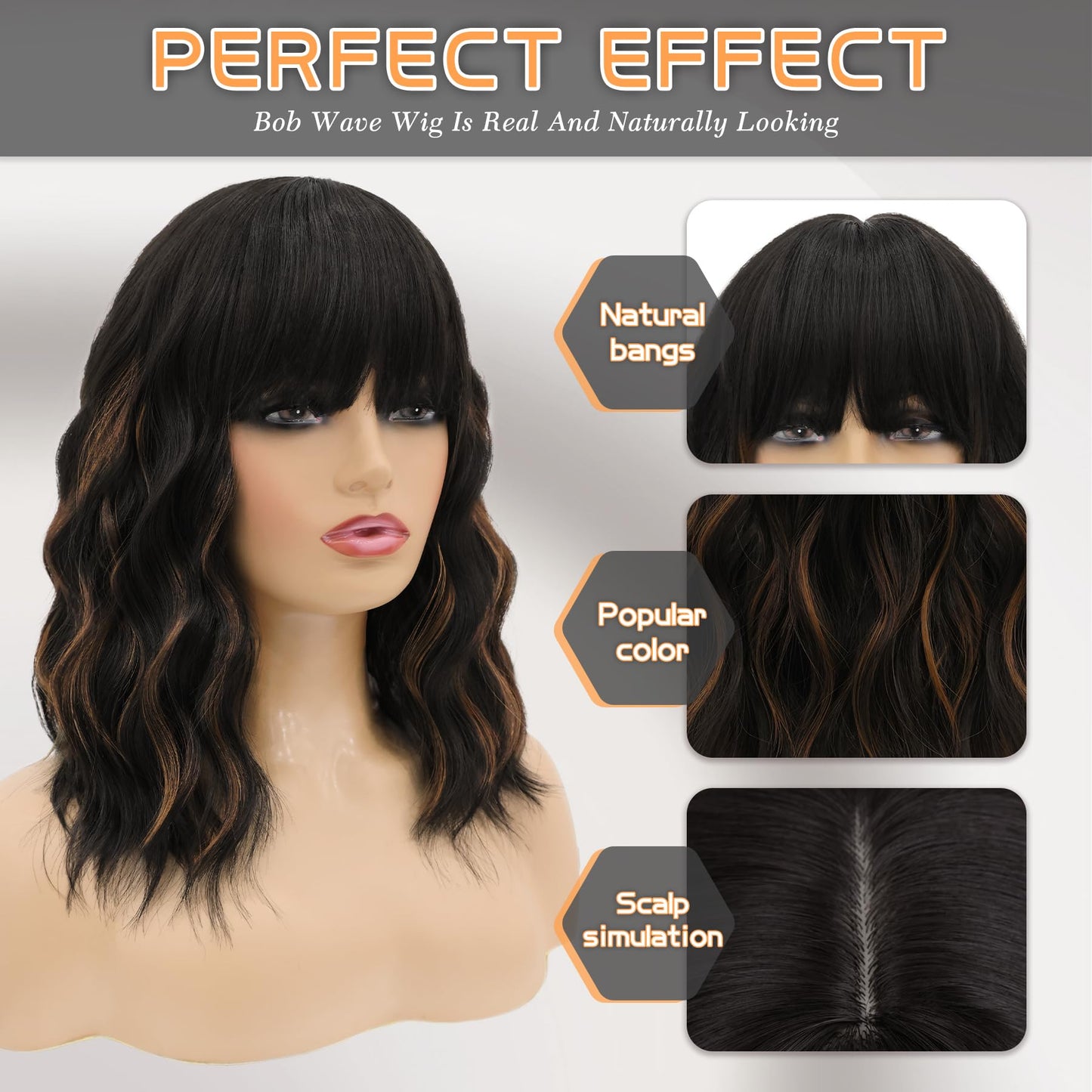 MOSINA Bob wig with Bangs for Women,Black mixed with dark brown Wig,14" synthetic bob wigs,Heat Resistant Fiber Wig,Suitable for work, parties and other occasions Use……