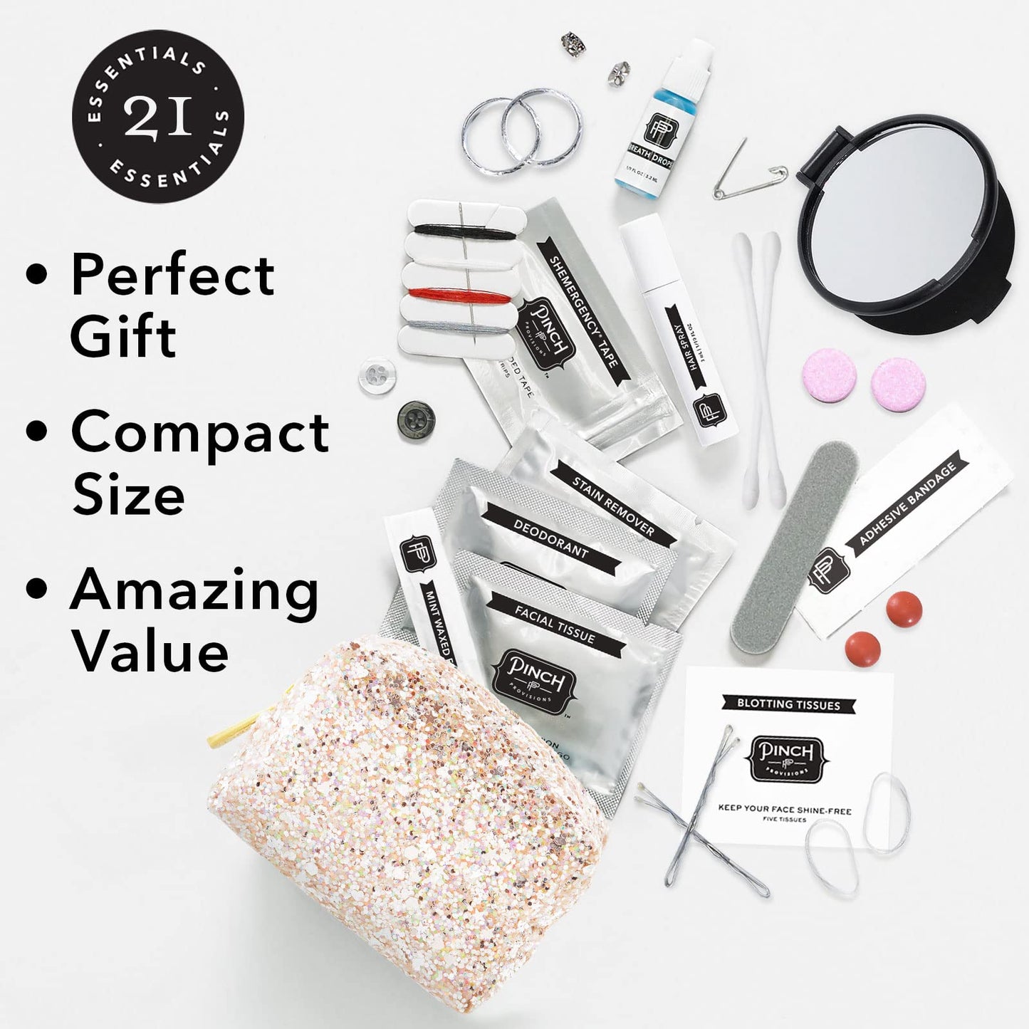 Pinch Provisions Minimergency Kit for Brides, Pink Diamond, includes 21 Must-Have Emergency Essential Items for Your Big Wedding Day, Compact, Multi-Functional Zipper Pouch, Perfect Survival Kit Gift