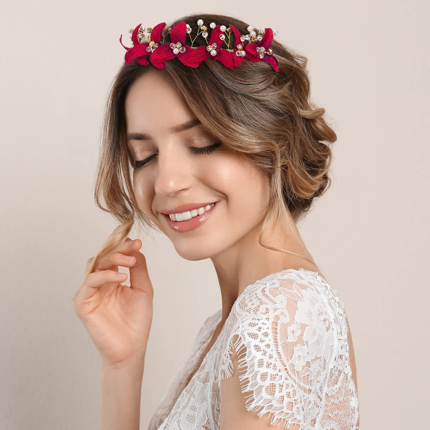 ANCIRS Red Flower Crown Bridal Hair Band Headband Rhinestone Rose Tiaras Accessories Crystal Floral Bride Ear Stud Dangler Earring for Women Girls Wedding Engagement Birthday Christmas Decorations