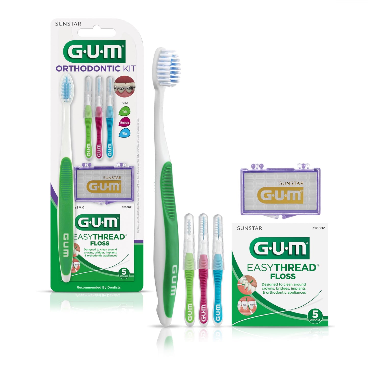 GUM Orthodontic Kit – Orthodontic Toothbrush, 3 Proxabrush Sizes and Shred-Resistant EasyThread Floss, and Mint Ortho Wax