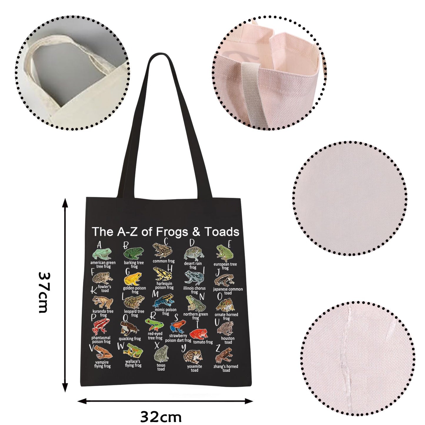 VAMSII Frog And Toad Tote Bag The A-Z of Frogs & Toads Grocery Shopping Bag Aesthetic Bag for Women Girls (BLK-Frogs Toads tote)