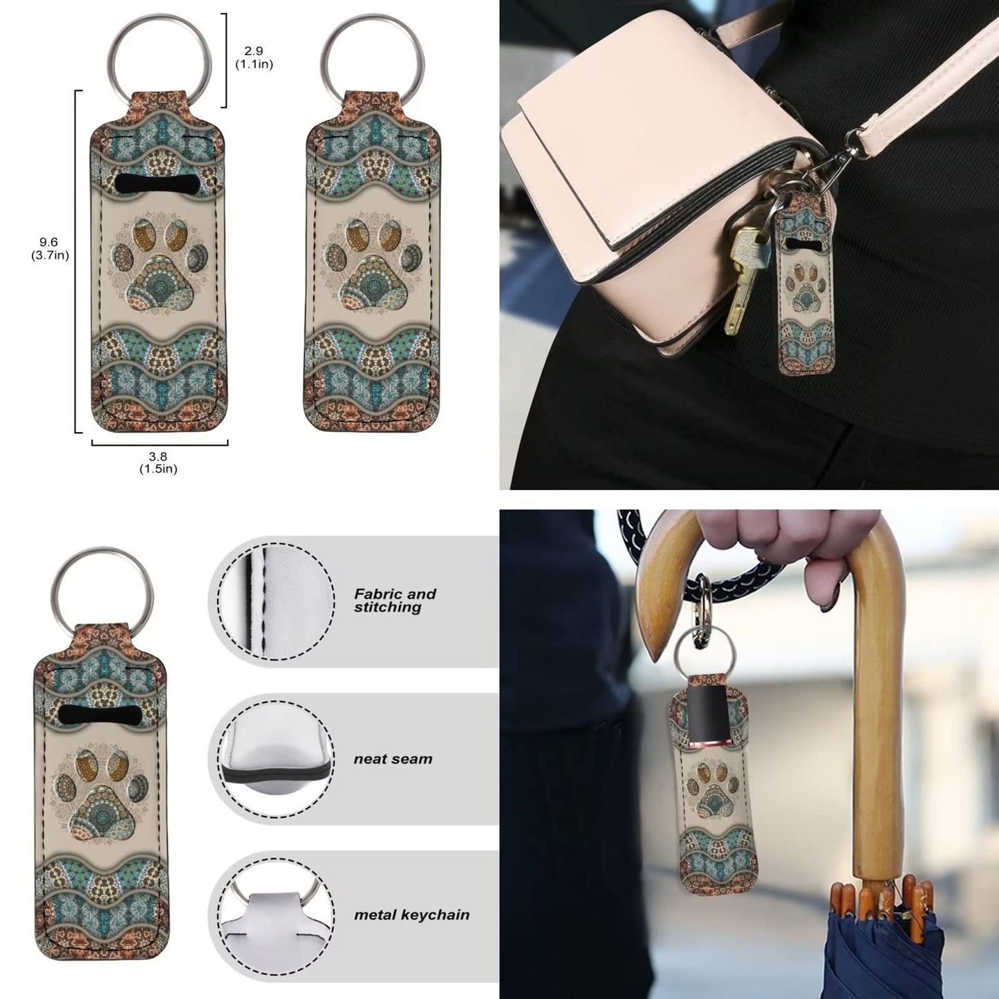 Suobstales 3pcs Travel Bottle Keychain Holders Set Chapstick Holder, Boho Paw Print Keychain Wristlet Lanyards Portable Mini Waist Bag for Liquid Storage