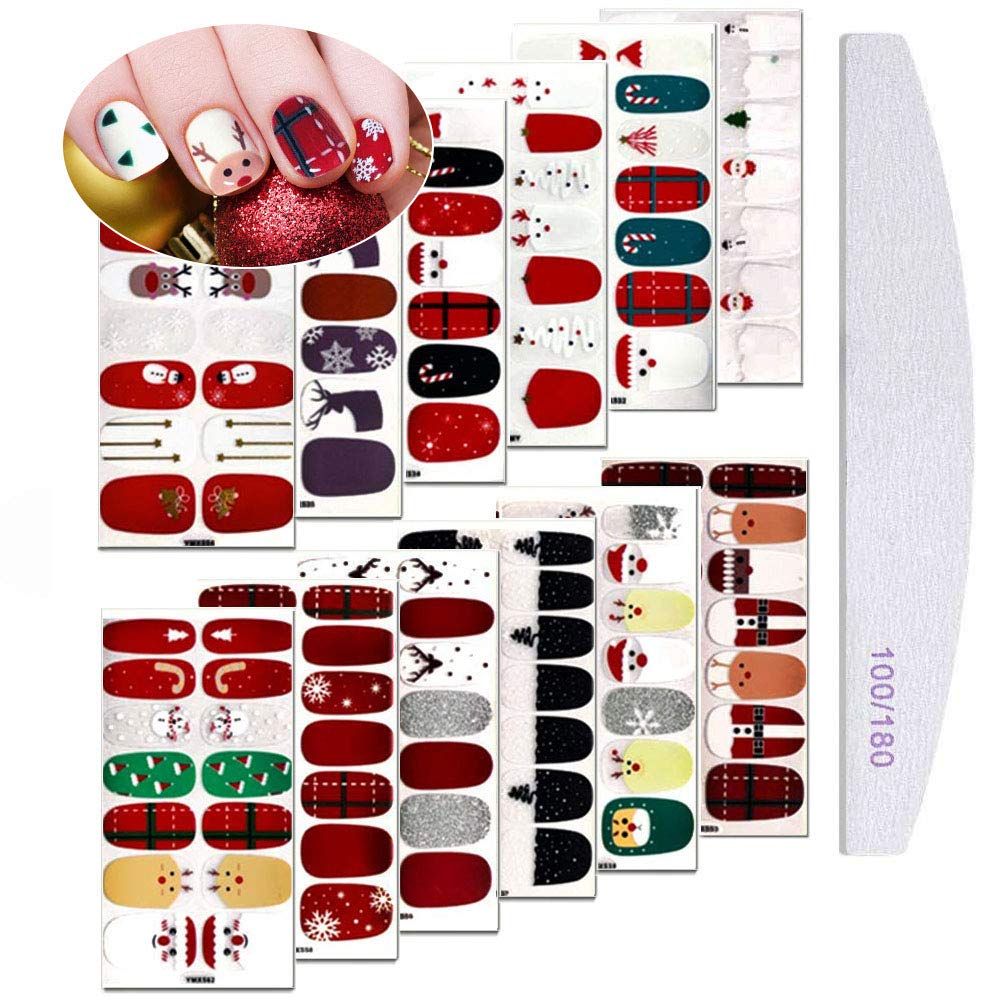 Kalolary 12 Sheets Christmas Full Wraps Self-Adhesive Nail Polish Stickers with 1Pcs Nail File, Nail Art Full-Cover Sticker for Women Winter Christmas Party Nail Decorations