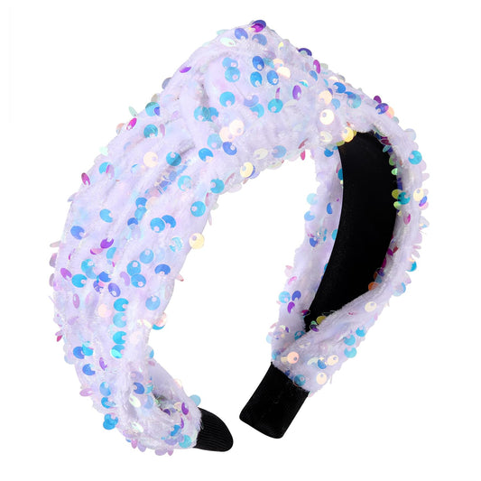 HEIDKRUEGER Knotted Sequins Headbands Soft Twist Hairband Bar Stage Sing Dance Party Headband Sparkle Glitter Hair Accessories for Women and Girls (White)