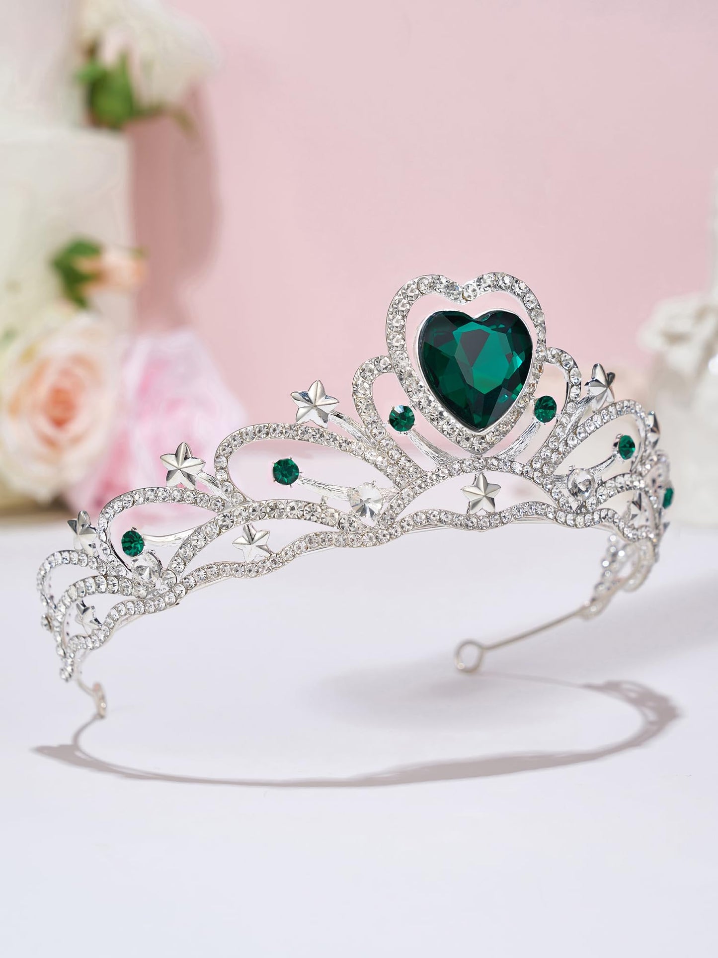 SWEETV Birthday Crowns for Women Girls Birthstone Heart Princess Tiara Silver Wedding Headband for Birth Day Party Photograph, May