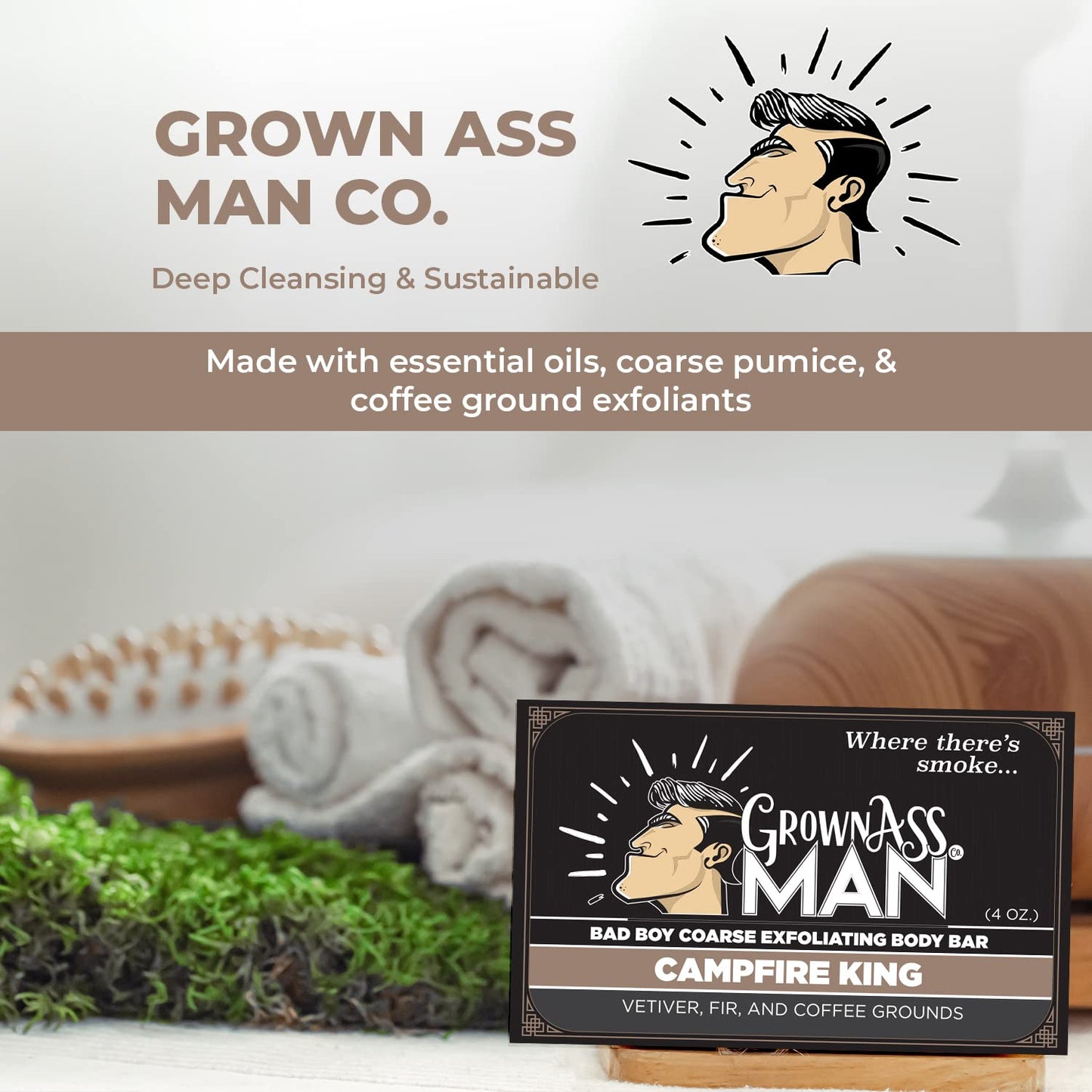 Grown Ass Man Co. Exfoliating Body Bars - Solid Soap with Natural Oils & Gentle Scrub - Plastic Free & Eco-Friendly, Natural & Organic for All Skin, 4oz Bar - Campfire King - Coarse Exfoliant, 6-Pack