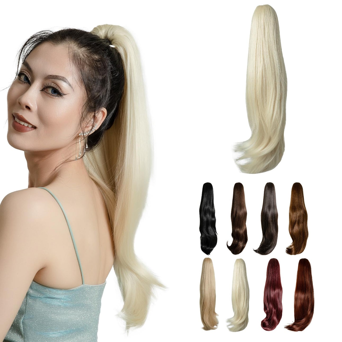 JNALLY Ponytail Extension,Blonde Ponytail Extensions Claw Clip in Ponytail Hair Extension 22" Wavy Straight Pony Tails Synthetic for Women