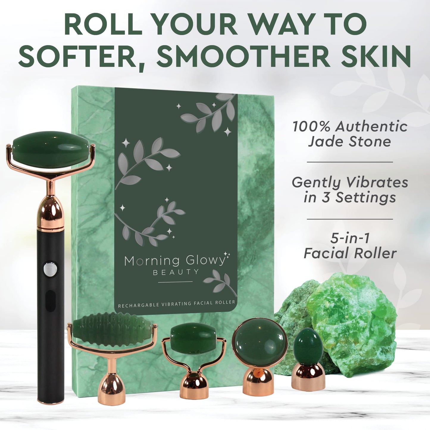 Vibrating Face Roller and Massager - 5 in 1 Rechargeable Jade Roller for Face for Soft and Smooth Skin, Relaxing Beauty Skin Care Set, Soothes Puffy Eyes