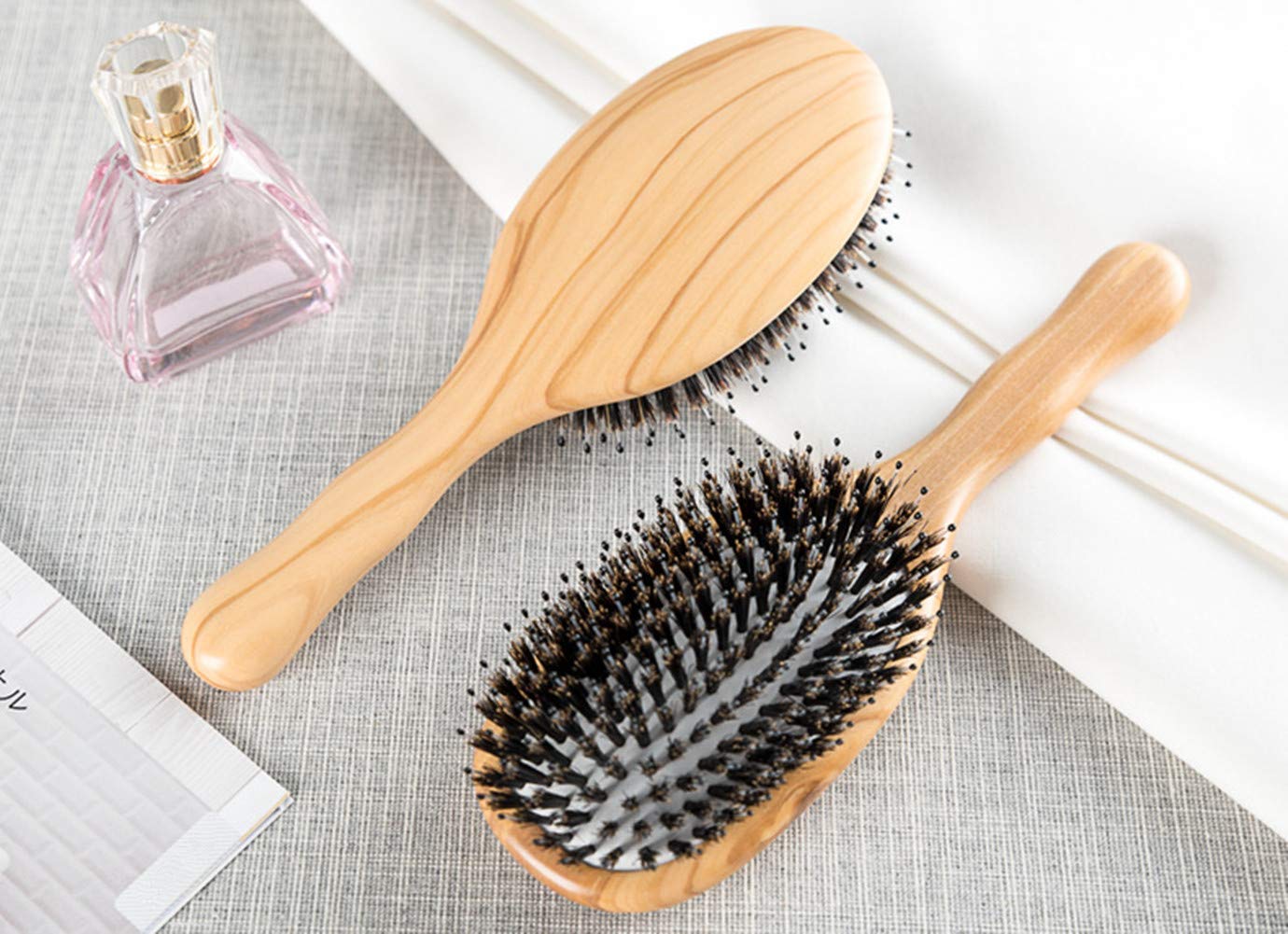 Wild Boar Bristle Hairbrush with Waxed Olive Wood Handle for Styling, Smoothing, Detangling Thick, Thin, Straight, Curly, Wavy, Dry, Damaged Hair to Women, Men, Kids, Giftbox Included