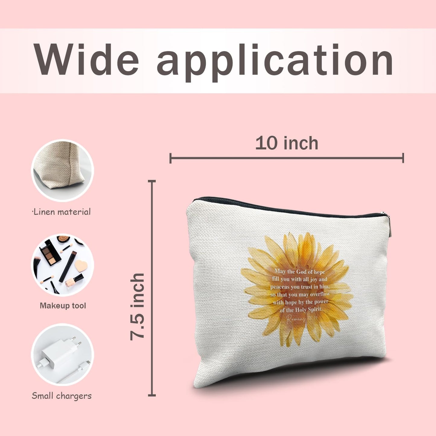 Nogrit Sunflower Christian Makeup Bag Cosmetic Bags for Women, Inspirational Christian Gifts for Women Faith, Religious Bible Verse Small Makeup Cosmetic Bag for Purse, Romans 15:13