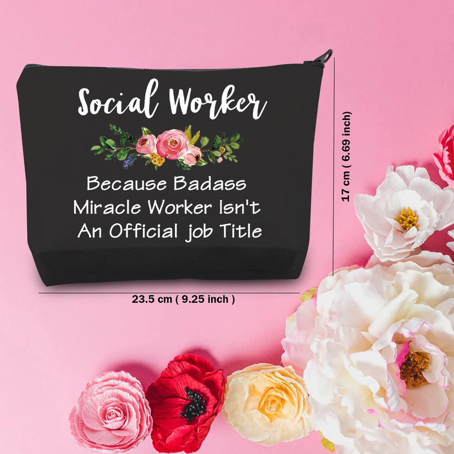 TSOTMO Social Work Appreciation Gift Social Worker Graduation Gift for Woman Because Badass Miracle Worker Isn't An Official Job Title Makeup Bag (Social Worker BLK)