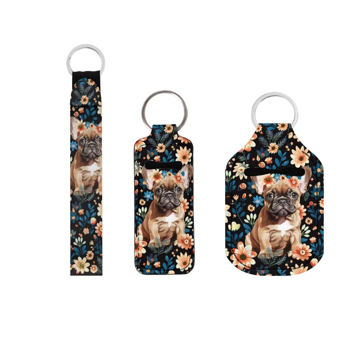 Suobstales French Bulldog Floral Print Chapstick Holder 1 Keychain Wristlet Lanyards 1 Mini Bottle Keychain Holder, Neoprene Travel Bottle Keychain Holders Set of 3