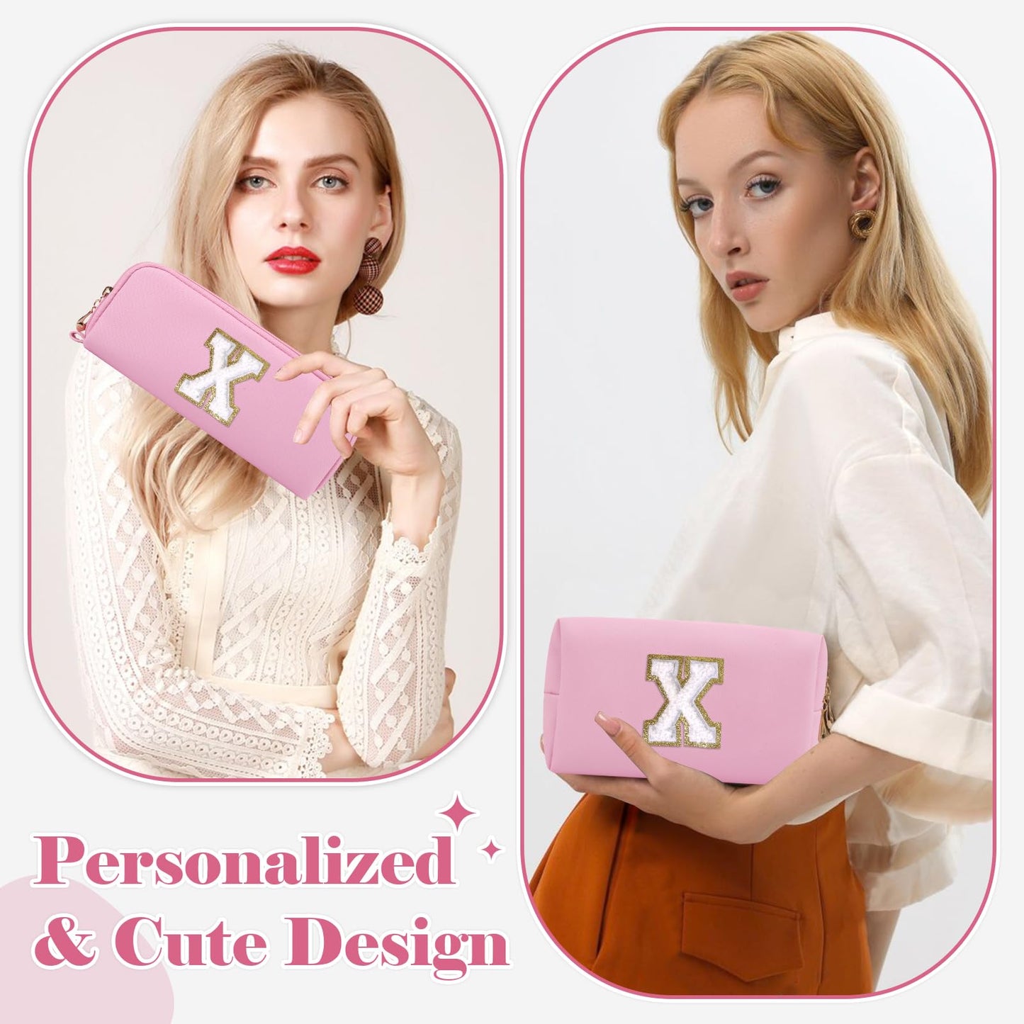 2Pack Personalized Initial Letter Patch Makeup Bag,Pink Preppy Cosmetic Bag with Small Makeup Brush Bag,Cute Waterproof PU Travel Toiletry Pouch,Gift Ideal for Her Birthday Friend Mom Teacher,Letter X