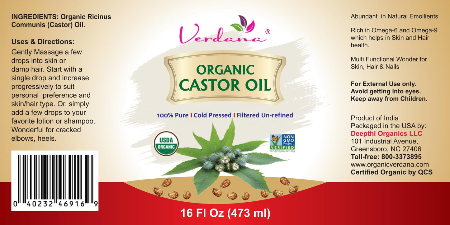 Verdana Organic Castor Oil – 16 Fl Oz size – Cold Pressed, Unrefined, Hexane Free - For Face, Hair, Pack Wrap