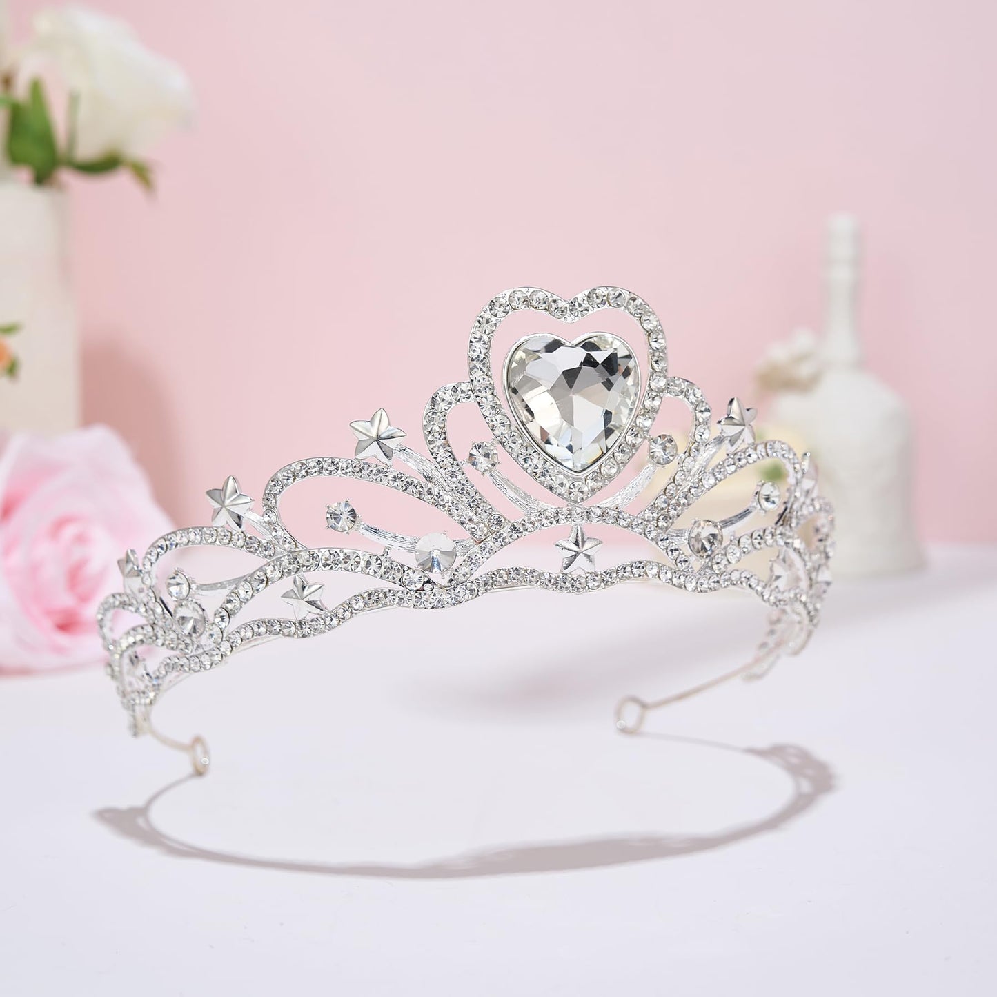 SWEETV Birthday Crowns for Women Girls Birthstone Heart Princess Tiara Silver Wedding Headpiece for Birth Day Party Photograph, Apr