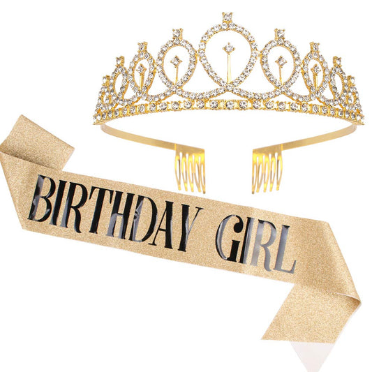 Birthday Crown, Didder Gold Birthday Girl Sash & Rhinestone Tiara Set, Birthday Tiara Birthday Crowns for Women Birthday Sash and Tiaras for Women Girls Birthday Gifts Party Accessories