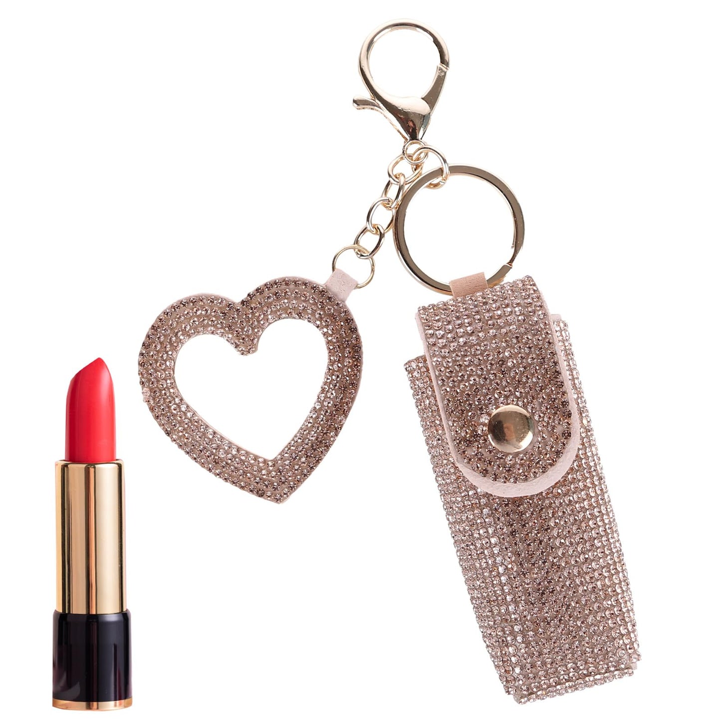 Lipstick Organizer Keychain, Rhinestone Lipstick Case with Mirror for Women, Portable Lipstick Leather Holder Lip Gloss Bag Lip Balm Case for Travel, Party, Holiday Gifts (Champagne)