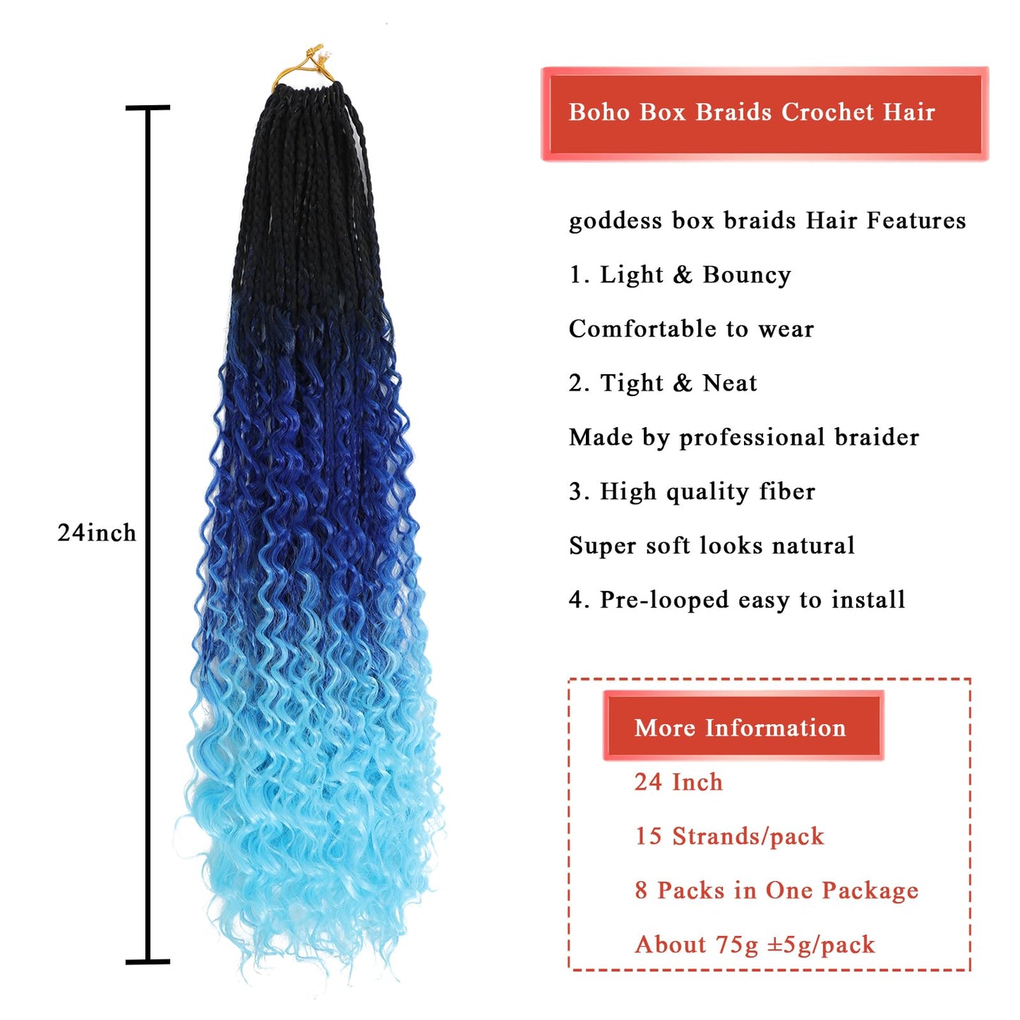 Coolbeeza Box Braids Crochet Hair with Curly Ends Goddess Box Braids Bohe Soft Synthetic Crochet Hair Extensions for Women Kids1B 14inch-120 strand(1B/dark blue/light blue)