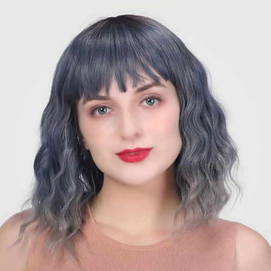 Wigs for Women - Mix Blue Wig with Bangs for Women, Short Wavy Bob Wig, Colorful Medium Length Wig, Pastel Colored Cosplay Wig Synthetic Costume Wigs, Halloween Wigs……