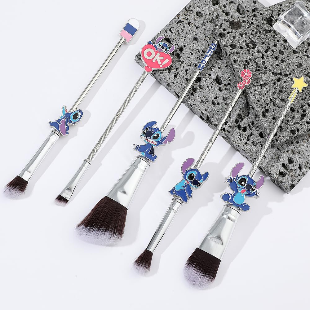 Adorable Stitch Theme Makeup Brushes Set - Cartoon Design with 5 Essential Brushes - Complete with Blue Makeup Brush Bag