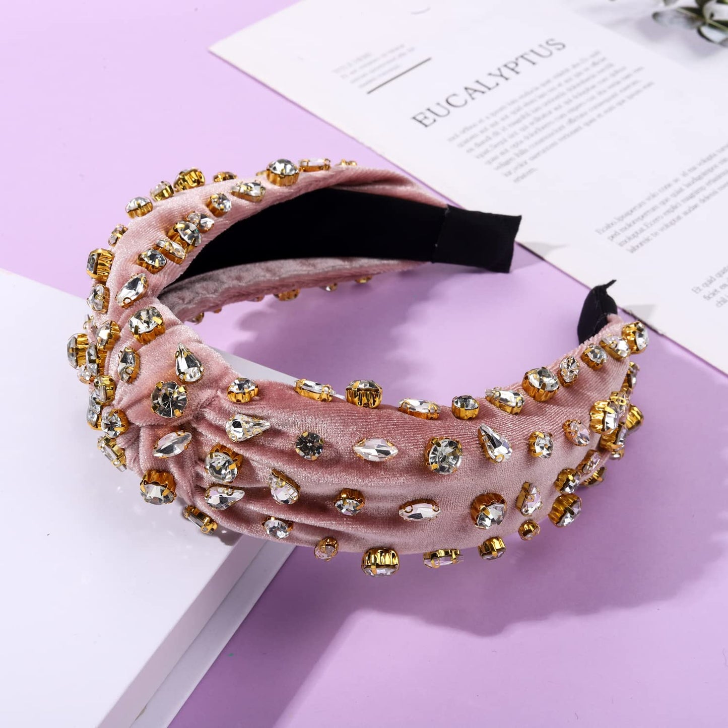 CENAPOG Rhinestone Knotted Headband for Women Sparkly Crystal Embellished Hairbands Twist Turban Headband Elastic Wide Velvet Hair Hoop Party Wedding Headwear for Girls (light-pink)