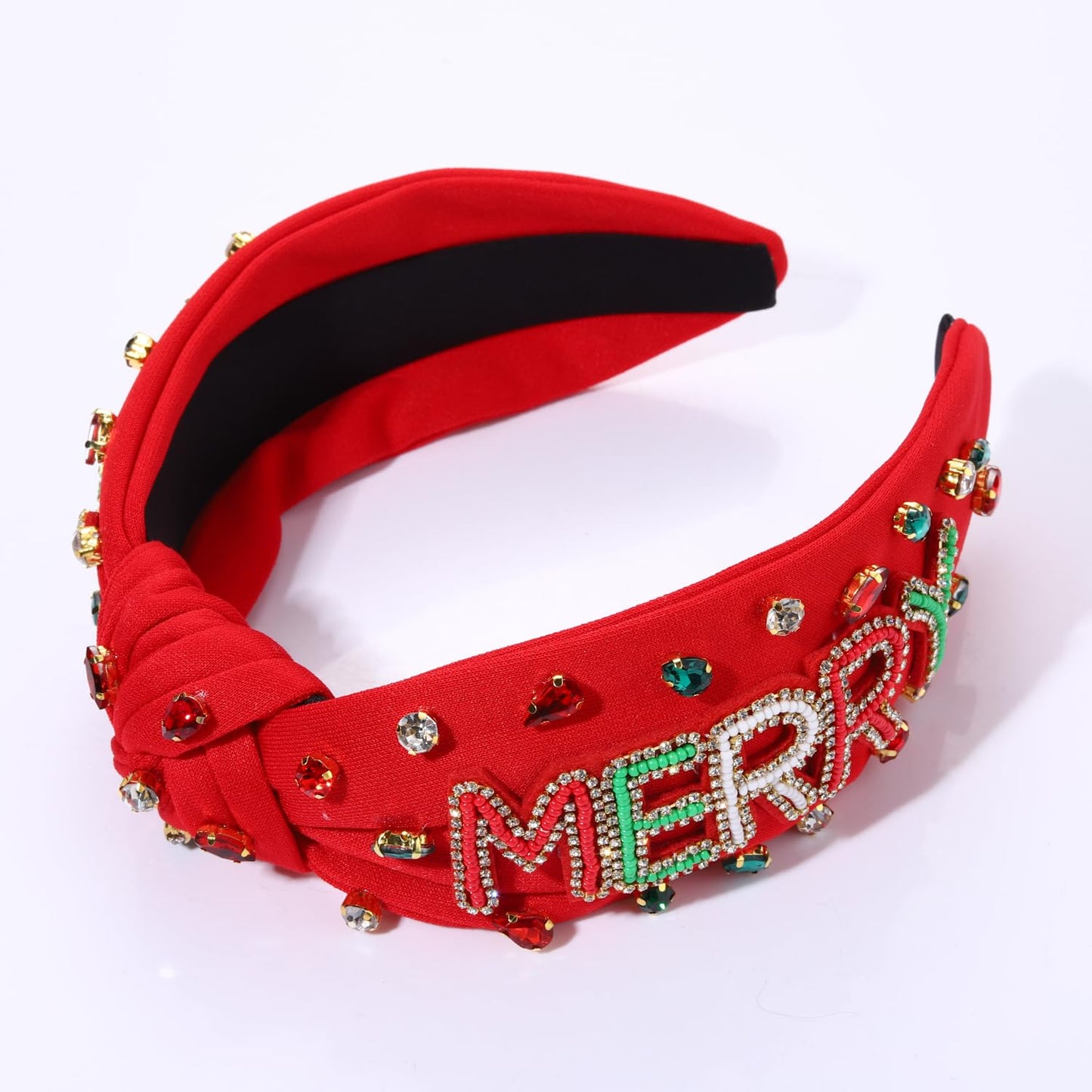 NVENF Christmas Headband for Women Jeweled Xmas Plaid Headband Embellished Crystal Pearl Knotted Headbands Wide Top Knot Holiday Headband Christmas Hair Accessories Holiday Outfits Gifts (MERRY Red)