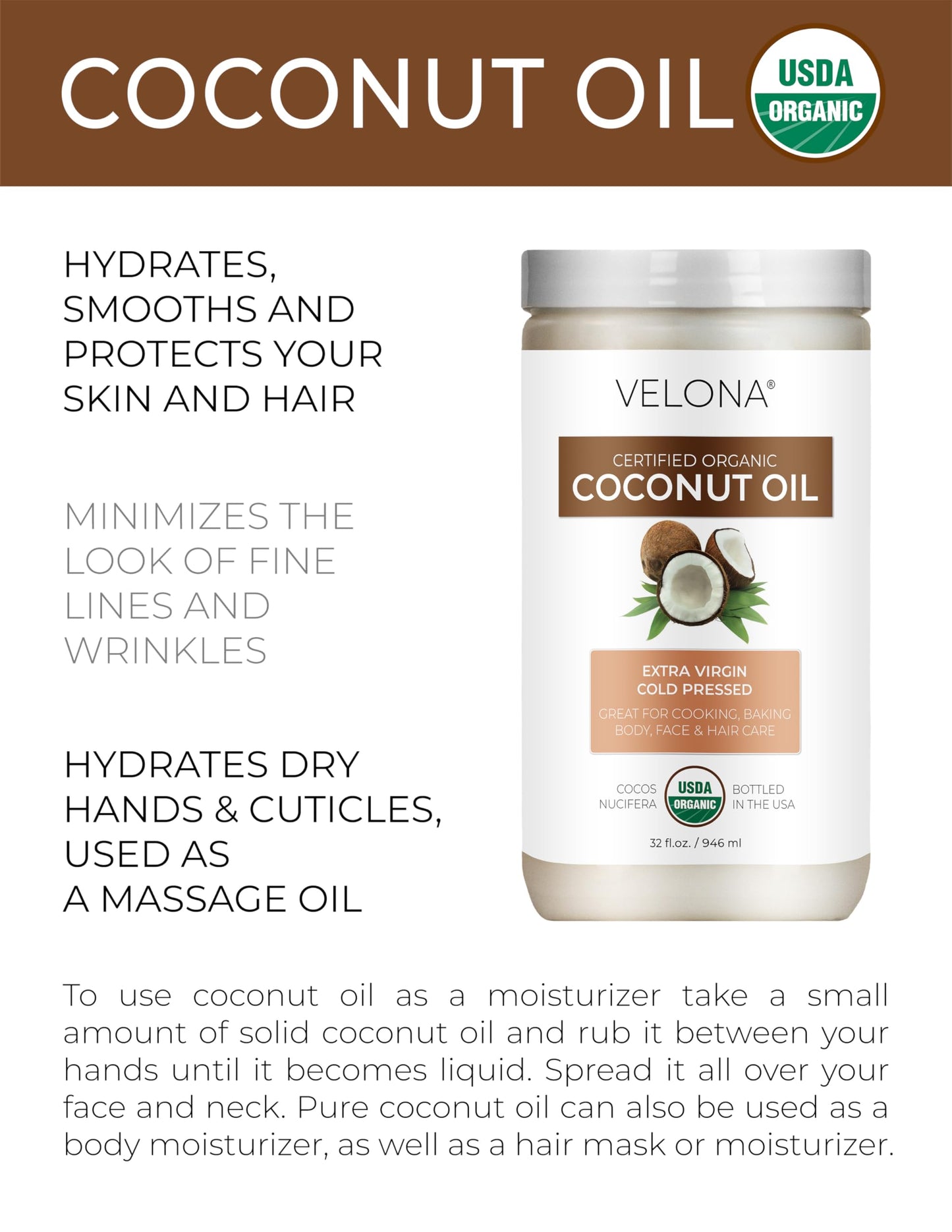 Velona USDA Certified Organic Coconut Oil Extra Virgin - 64 fl oz | Food and Cosmetic Grade | in jar | Extra Virgin, Cold Pressed