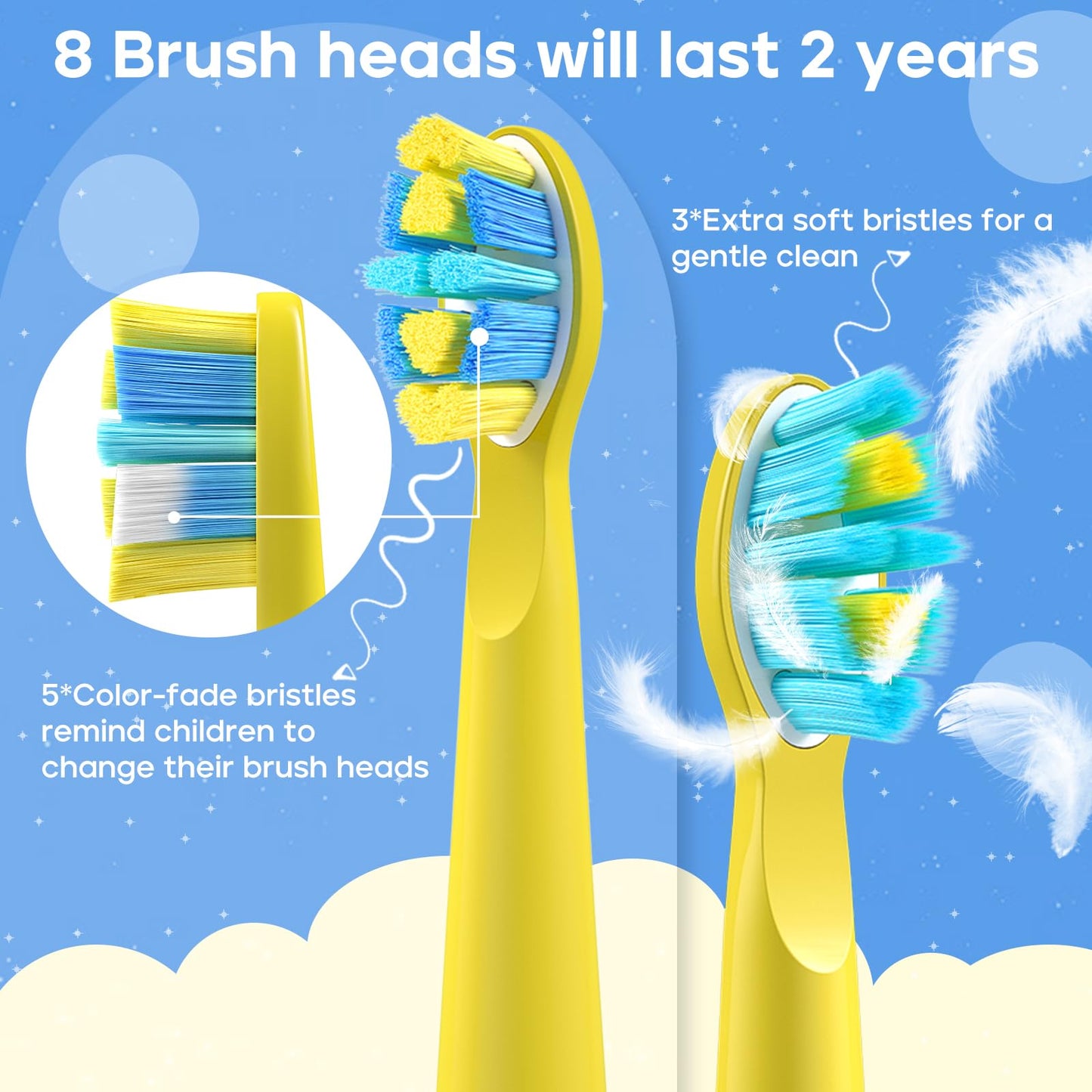 SEAGO Kids Electric Toothbrush, Rechargeable Sonic Soft Bristle Toothbrushes with 8 Brush Heads, DIY Stickers and 5 Modes, Ideal for Kids and Children, Ages 3–12(Yellow)