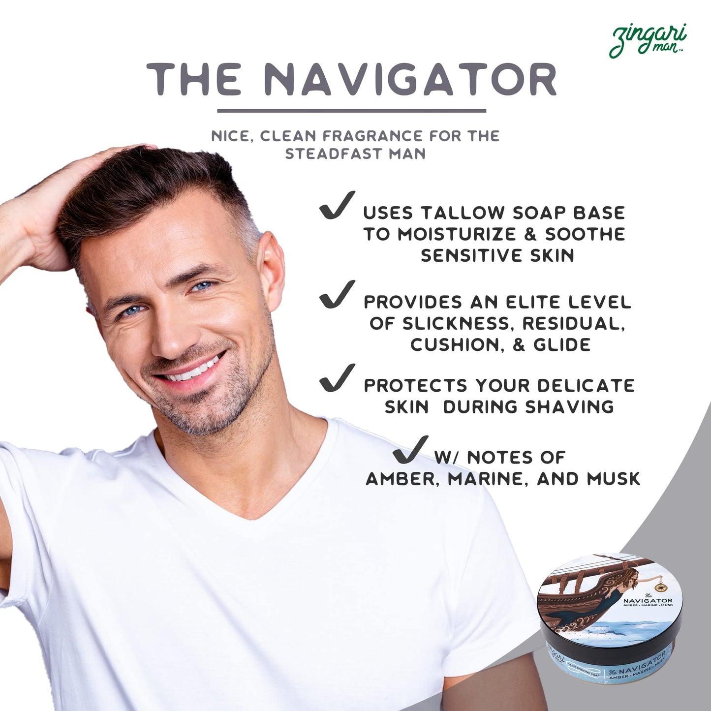 Zingari Man - The Navigator Shave Soap - Smooth Glide Grooming Accessories for Men - Super Strength No Bump Cream and Skin Tight Lotion for the Sophisticated Young or Old Man - 5oz Jar