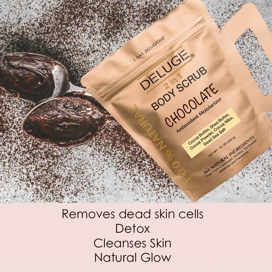 Deluge Chocolate Scrub for Cellulite and Stretch Marks, Body Exfoliant and Hydrating Cellulite Treatment with Shea Butter, Coconut Oil and Dead Sea Salt Firms, Tones and Moisturizes Skin (10 oz)