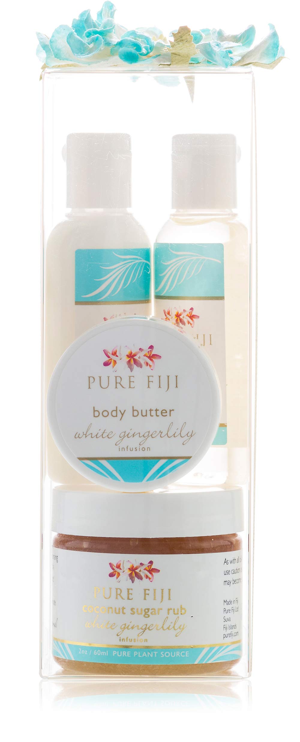 Pure Fiji Spa Gift for Women - Body Gift Box Include: Body Lotion 1Fl.Oz, Nourishing Exotic Oil 1 Fl.Oz, Body Butter 0.5oz & Sugar Rub 2oz, Scent White Gingerly