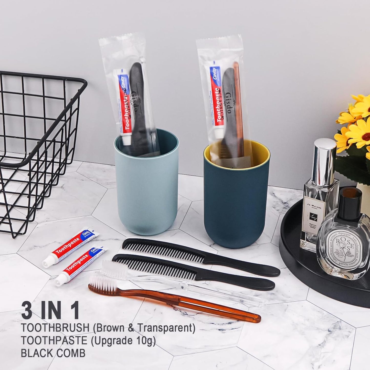 Gisdo 50 Pcs Disposable Toothbrushes with Toothpaste and Comb Individually Wrapped,10g Travel Toothpaste,7inch Black Hair Comb,Bulk Toothbrush for Hotel,AirBnb,Shelter,Charity