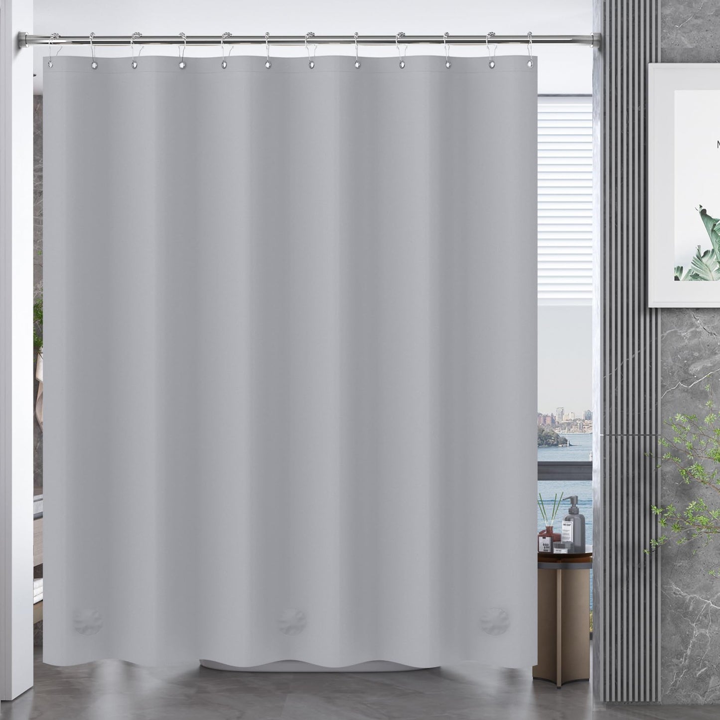 AmazerBath Grey Shower Curtain Plastic, Thick PEVA Shower Curtain Grey, Heavy Duty Shower Curtains for Bathroom, Waterproof Shower Curtain 72x72 with 3 Big Weighted Stones and 12 Rustproof Grommets