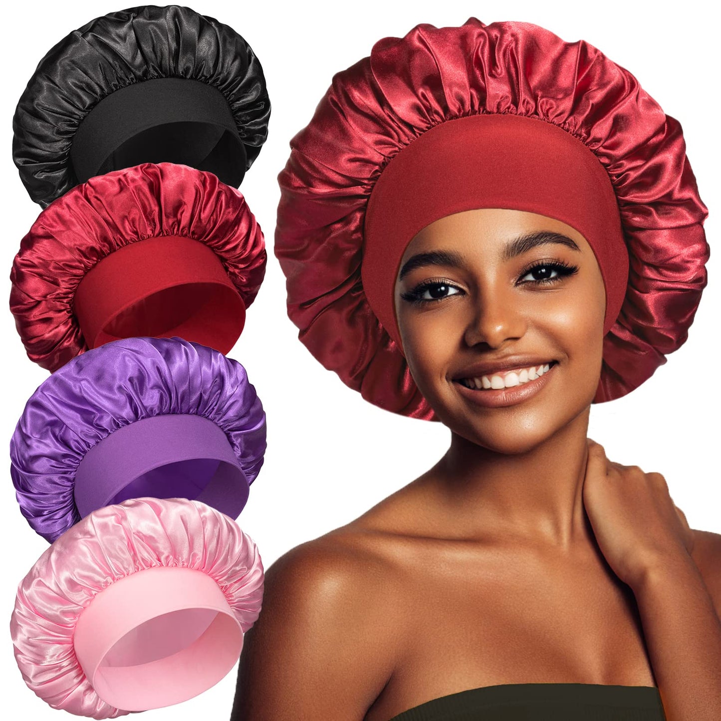 4PCS Silk Bonnet Satin Bonnet Silk Sleep Cap for Sleeping, Hair Bonnet for Sleeping Bonnets for Black Women, Wide Band Silk Bonnet for Curly Hair.