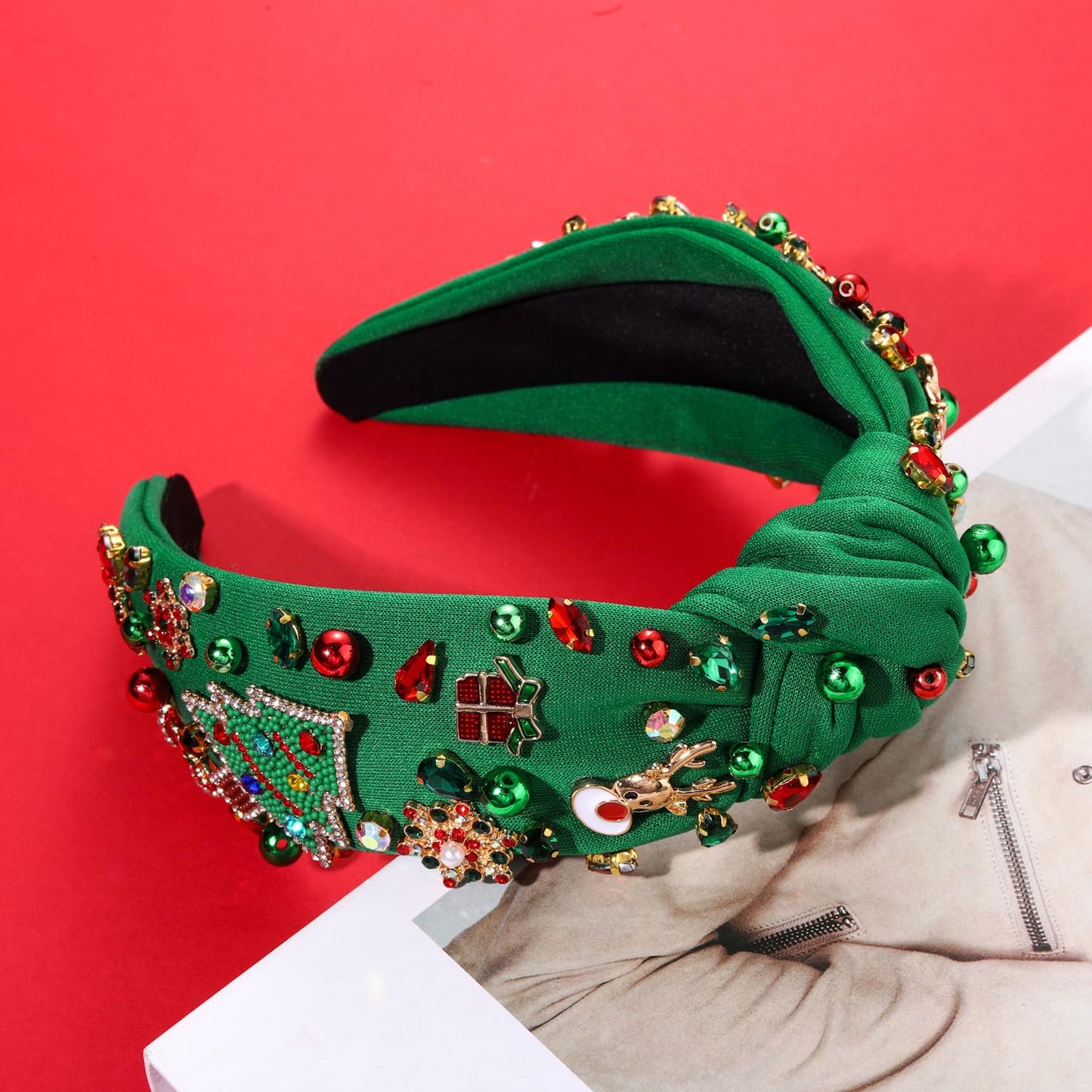 Christmas Headband for Women Reindeer Xmas Tree Headband Jeweled Crystal Pearl Knotted Headbands Wide Top Knot Holiday Headband Christmas Hair Accessories Holiday Outfits Gifts (Big Xmas Tree 3)