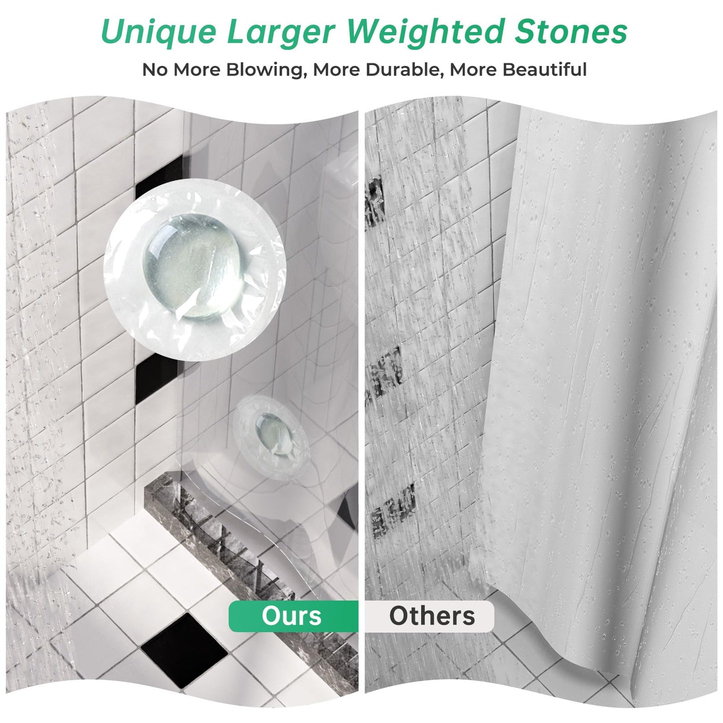 AmazerBath Plastic Shower Curtain, 60 x 72 Inches PEVA Heavy Duty Clear Shower Curtain, Waterproof Heavy Weight Thick Bathroom Curtain with 3 Big Clear Weighted Stones and 10 Rustproof Grommet Holes