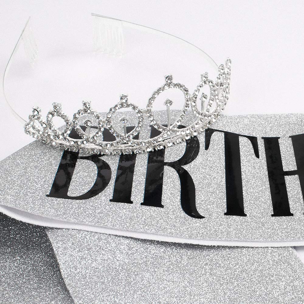 Birthday Crown, Didder Sliver Birthday Girl Sash & Rhinestone Tiara Set, Birthday Tiara Birthday Crowns for Women Birthday Sash and Tiaras for Women Girls Birthday Gifts Party Accessories