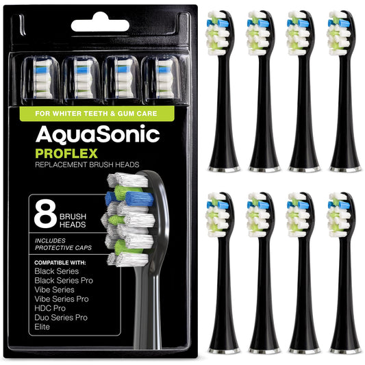 AquaSonic Proflex Replacement Brush Heads | for Whiter Teeth & Gum Care | Compatible with Many AquaSonic Toothbrush Handles (8 Pack Black)