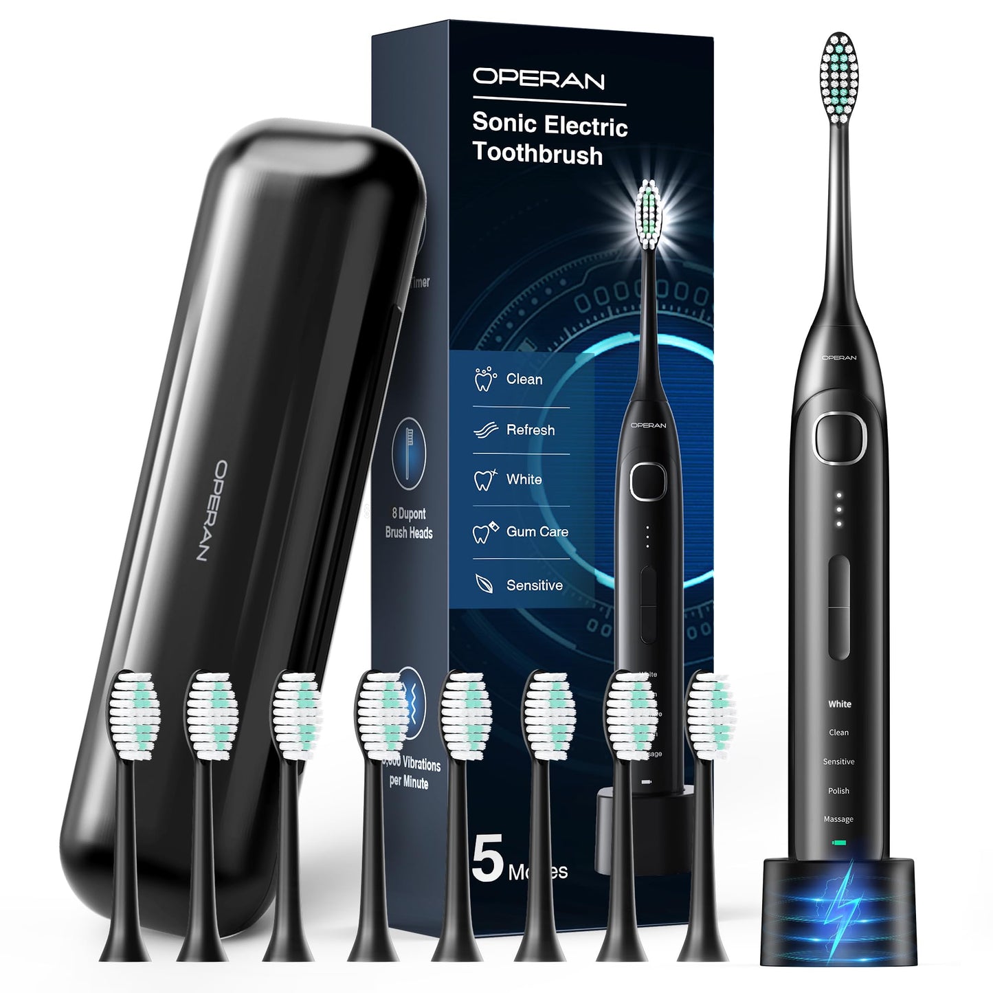 Operan Electric Toothbrush for Adults and Kids Rechargeable Sonic Toothbrush with 5 Modes 2-Min Smart Timer IPX7 Waterproof 40,000 VPM Motor with 8 Brush Heads & Travel Case (Black)