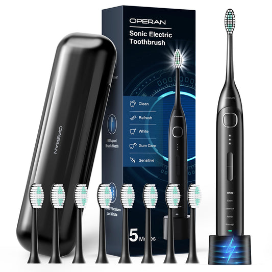 Operan Electric Toothbrush for Adults and Kids Rechargeable Sonic Toothbrush with 5 Modes 2-Min Smart Timer IPX7 Waterproof 40,000 VPM Motor with 8 Brush Heads & Travel Case (Black)