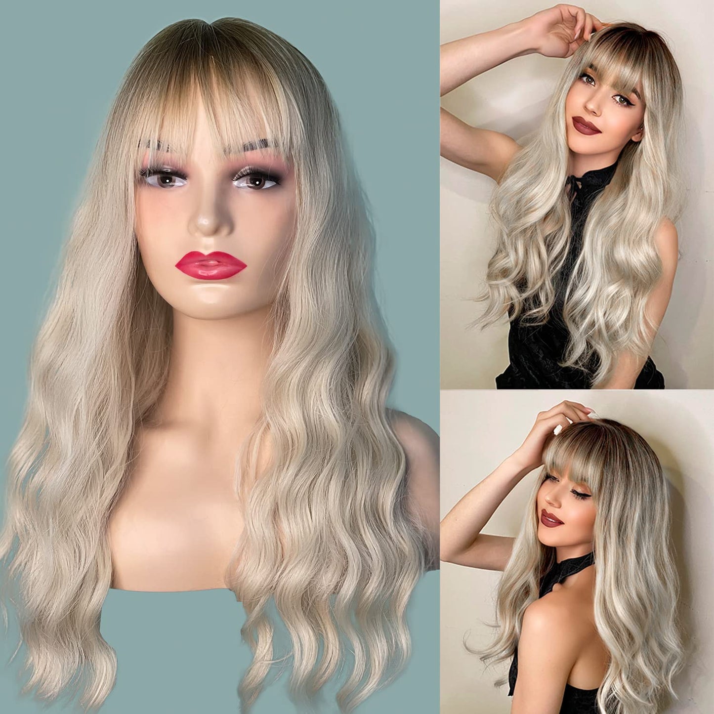 Singolas Platinum Blonde Wig with Bangs Shoulder Length Body Wave Long Curly White Platinum Blonde Wigs for Women Dark Root Blonde Hair Wigs 20 Inch, 1.0 Count