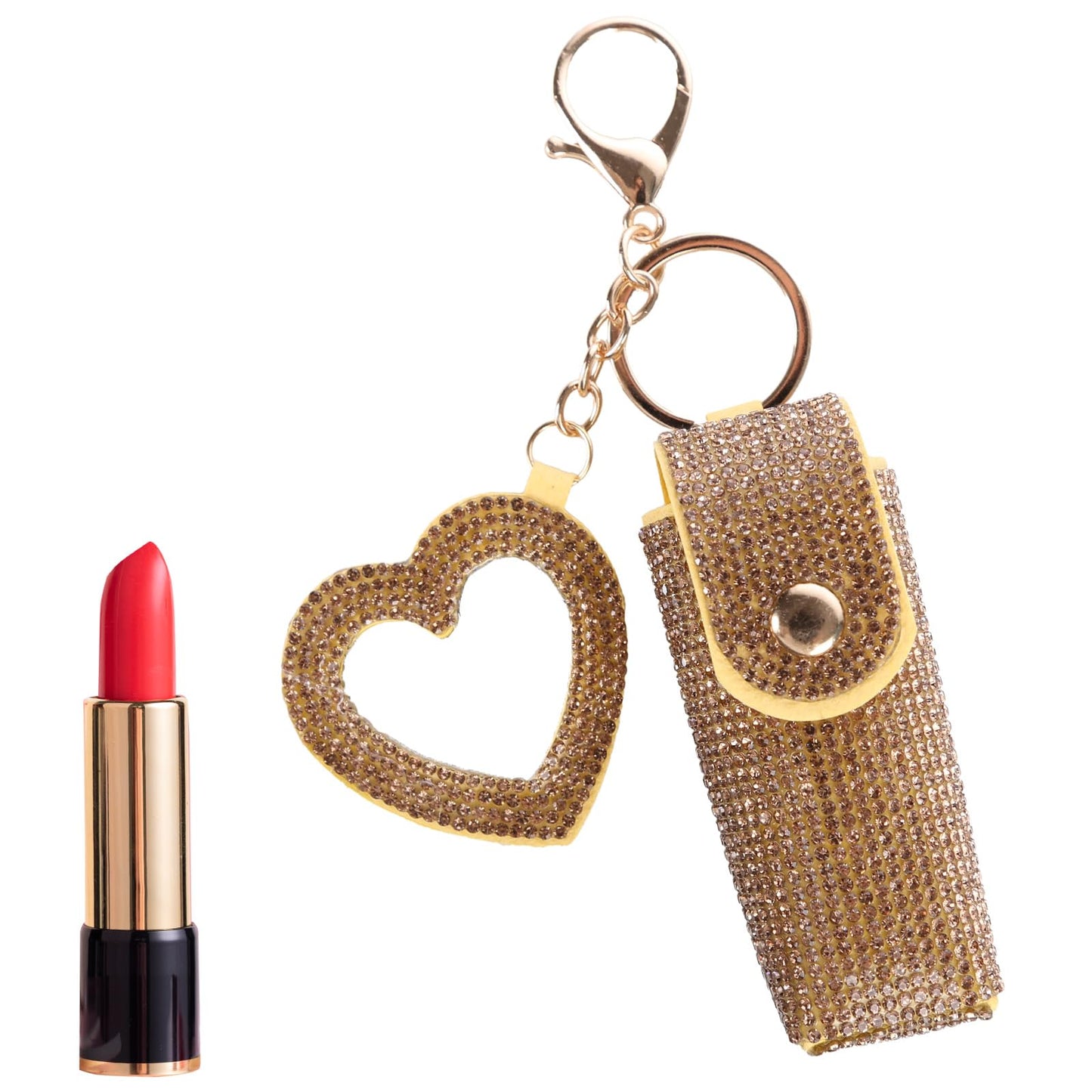 Lipstick Organizer Keychain, Rhinestone Lipstick Case with Mirror for Women, Portable Lipstick Leather Holder Lip Gloss Bag Lip Balm Case for Travel, Party, Holiday Gifts (Yellow)